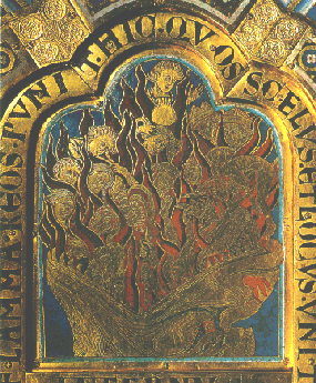 그림 : 불과 유황의 못 :(계  21:8) 페르둔의 니콜라우스가 제작한  에마이유(12세기.오스트리아 클로스터노이부르크 소장)에는 멸망받을 수밖에 없는 자들이 불꽃 속에 타고 있는 모습이 표현되어 있다.